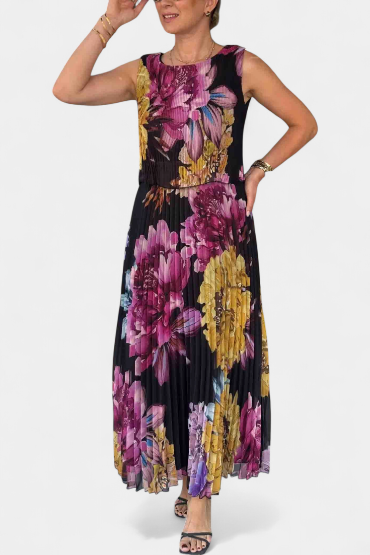 Robe Longue en Chiffon Plissé Shaya avec Imprimé