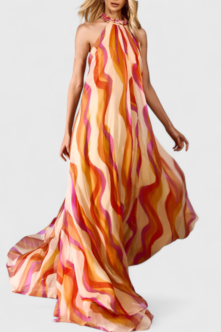 Robe Maxi Halter Remi avec Imprimé Ondulé et Tressé Élégant