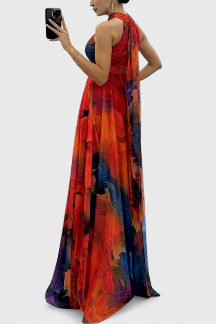 Robe Maxi en Chiffon à Imprimé Floral et Col Halter Caprice