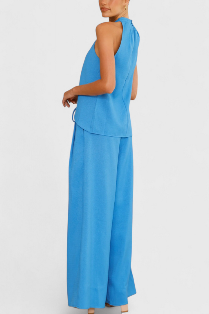 Ensemble Bernadina en Lin avec Top à Ouverture Frontale et Pantalon à Jambes Amples