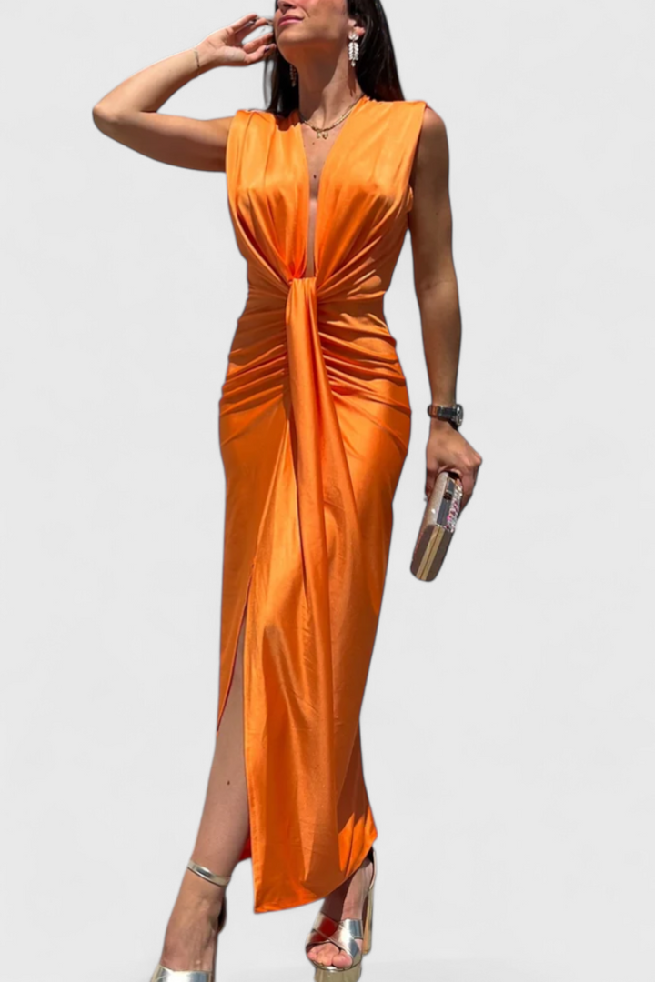 Robe Midi Froncée Lakisha avec Décolleté Profond