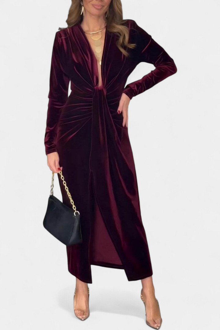 LaVerna Robe Longue en Velours Doré avec Col en V