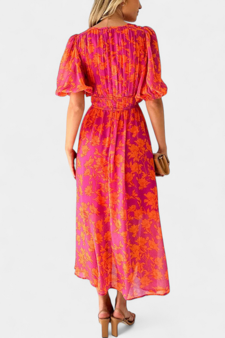 Robe Midi Fleurie Wren avec Décolleté en V et Manches Bouffantes