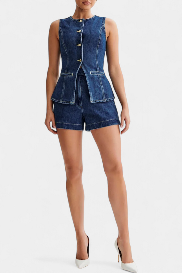 Ensemble Raya : Gilet en Denim Sans Manches et Shorts Taille Haute