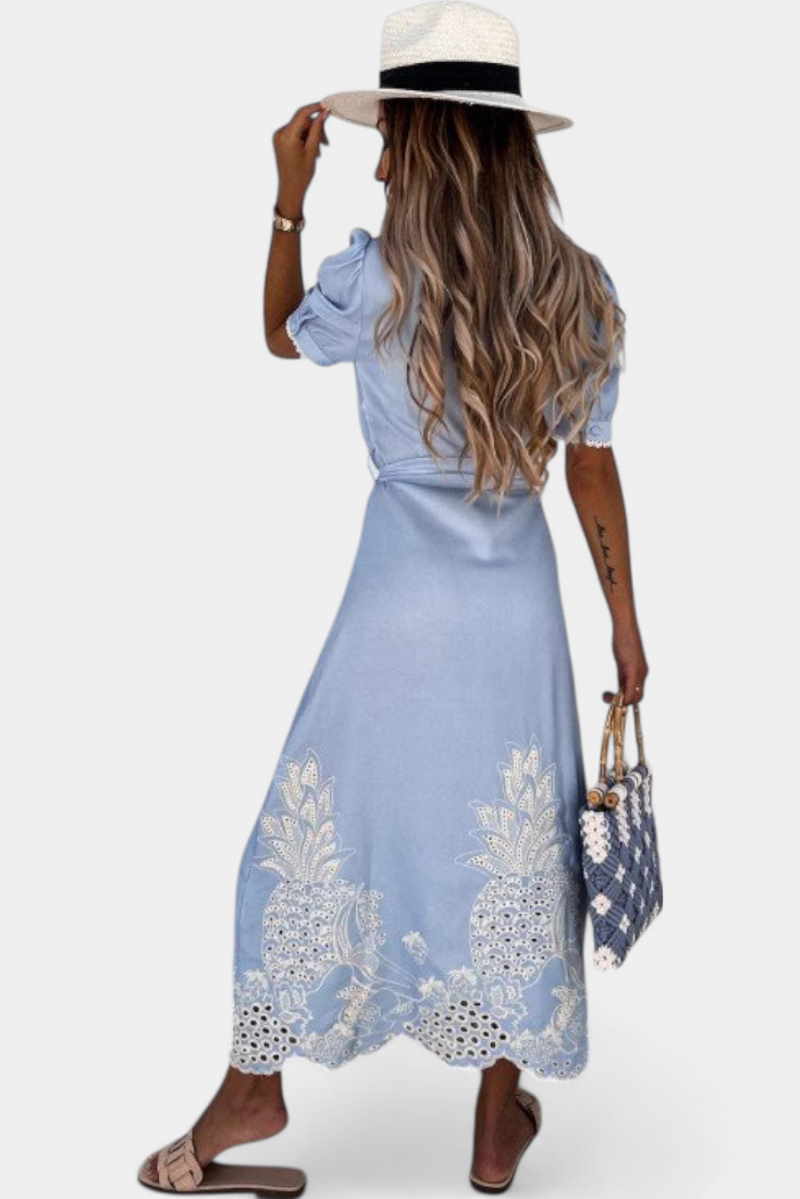 Nerea Robe Chemise Brodée avec Ceinture et Manches Bouffantes