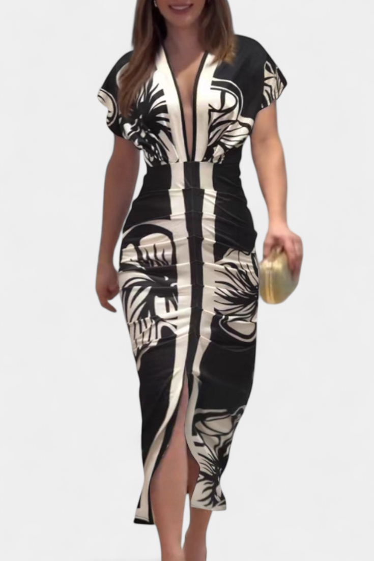 Robe Longue Diva avec Imprimé Floral, Décolleté en V et Fente Latérale