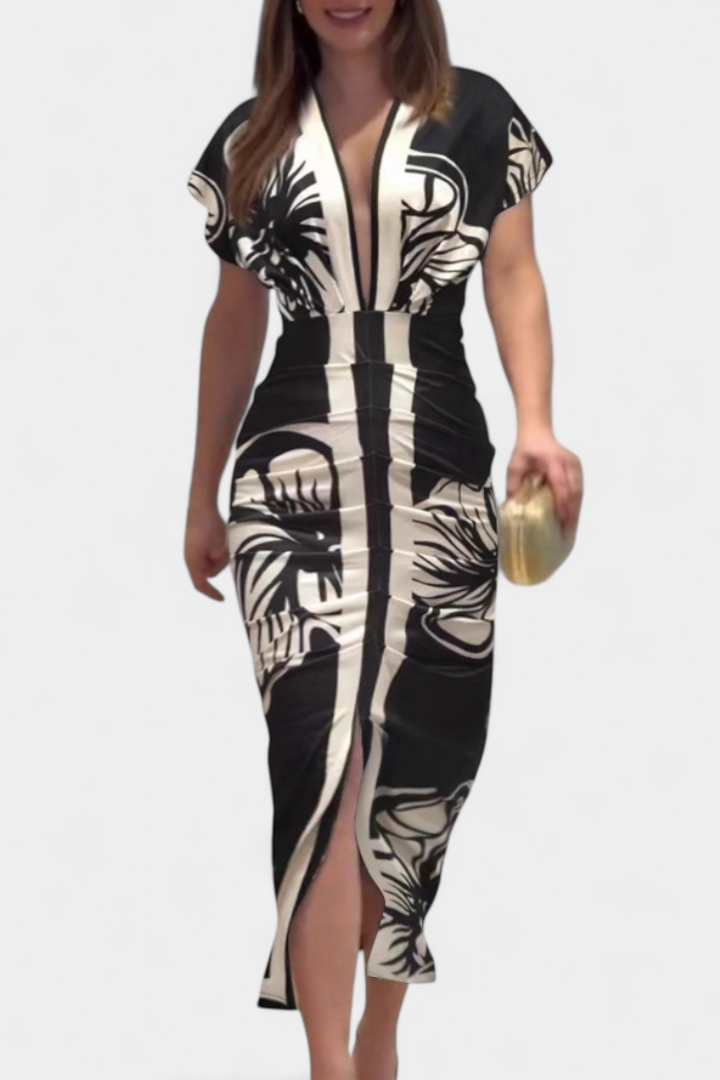 Robe Longue Diva avec Imprimé Floral, Décolleté en V et Fente Latérale