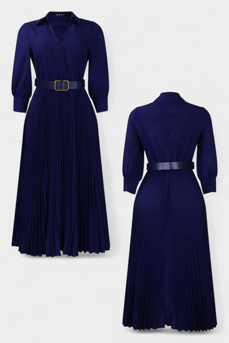 Robe Midi Michelle avec Col Tailleur et Ceinture Plissée