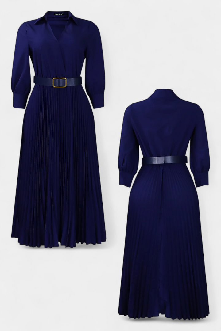Robe Midi Michelle avec Col Tailleur et Ceinture Plissée