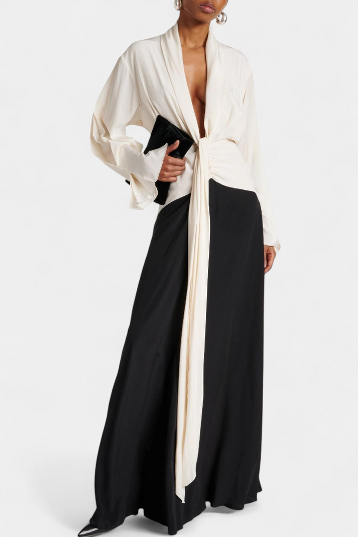 Slyune Robe Maxi de Soirée avec Décolleté en V et Contraste