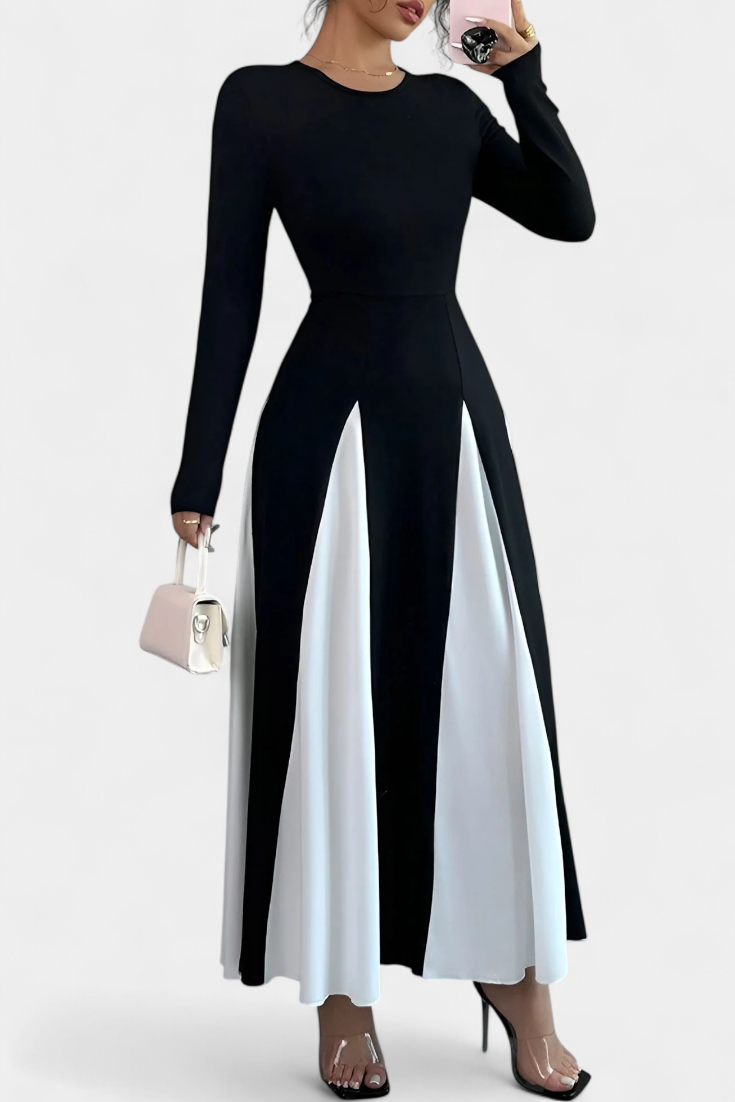 Veronique Robe Maxi à Manches Longues en Contraste de Couleur