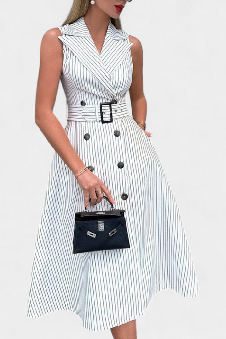 Robe Chemise Midi Rayée avec Ceinture Nœud