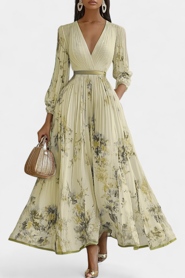 Robe Longue en Mousseline Plissée Phaedra avec Manches Bouffantes