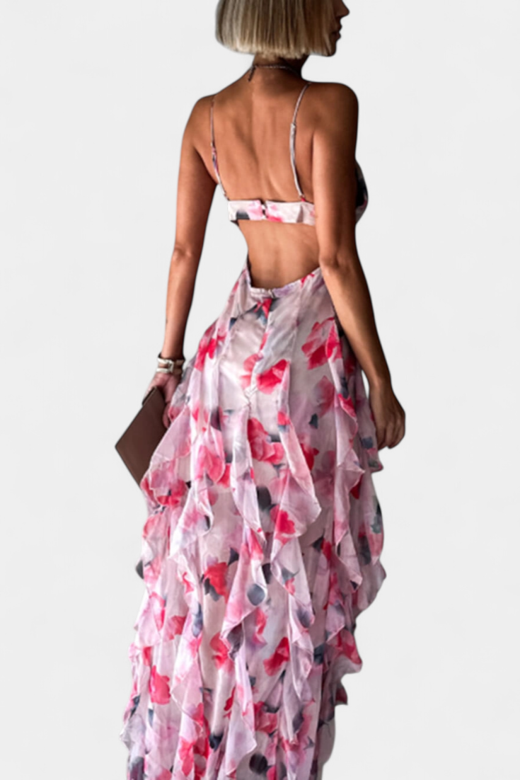 Robe Maxi Bonnie avec Volants Floraux et Découpe Latérale