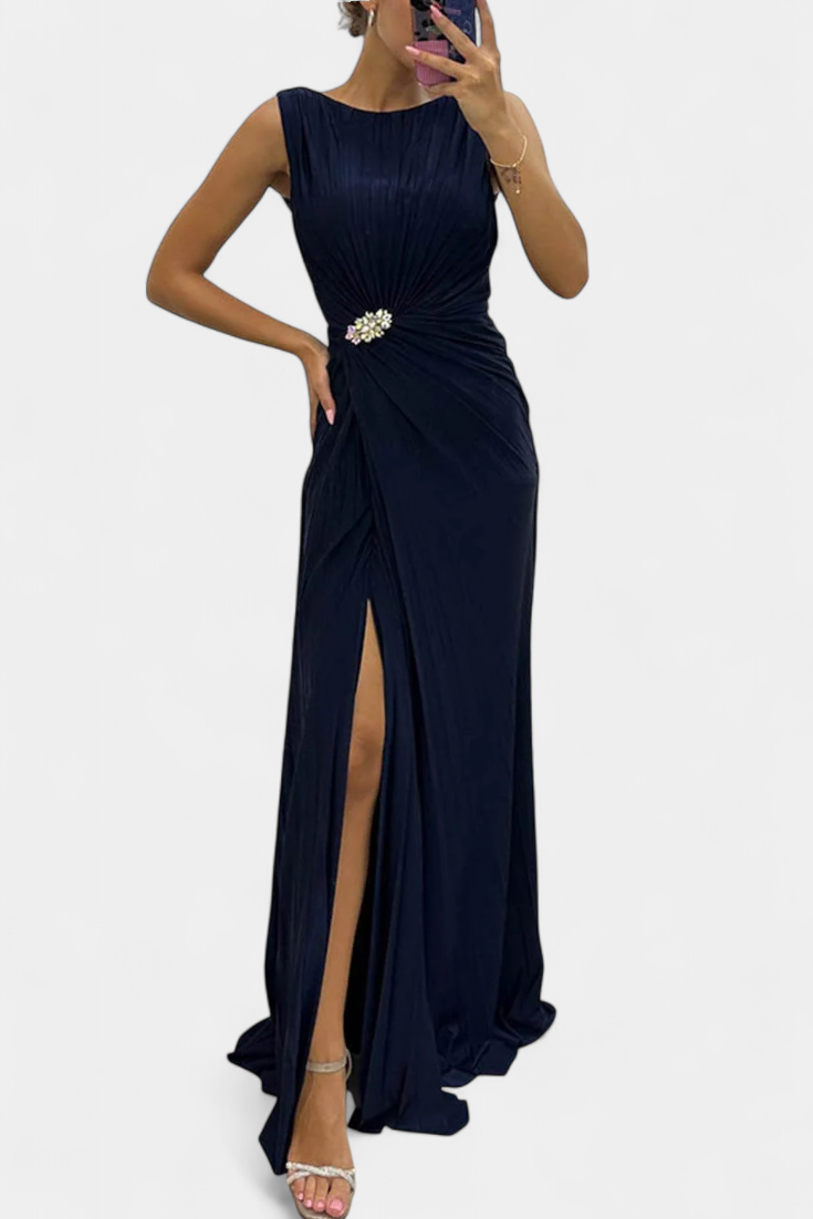Robe Maxi Plissée Shiloh avec Fente Latérale et Décolleté Croisé