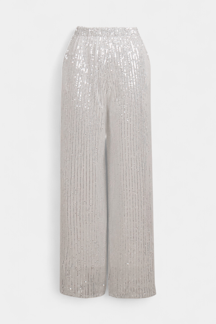Elva Pantalons à Paillettes Taille Haute et Coupe Ample