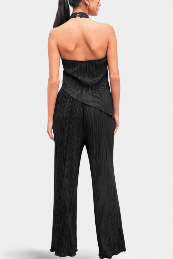 Ensemble Pilarica Plissé avec Top Asymétrique Halter et Pantalon Fluide