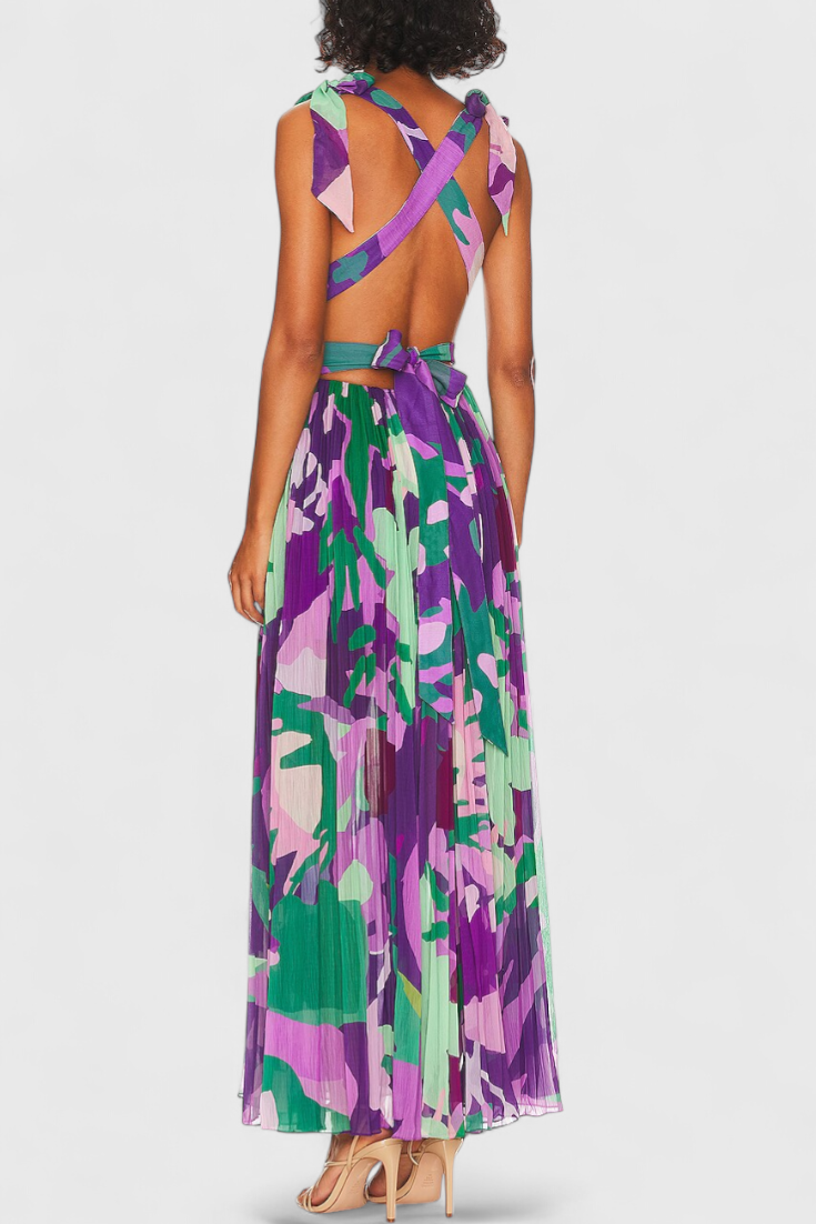 Robe Longue Plissée Cecil avec Imprimé Aquarelle et Dos Nu