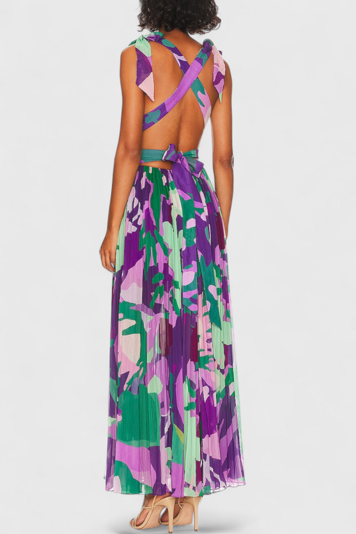 Robe Longue Plissée Cecil avec Imprimé Aquarelle et Dos Nu
