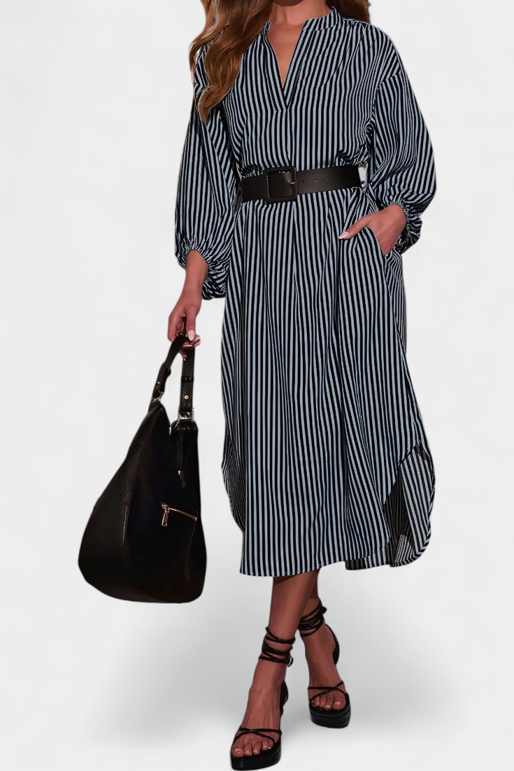Eliana Robe Rayée avec Ceinture et Col en V