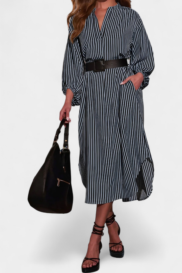 Eliana Robe Rayée avec Ceinture et Col en V