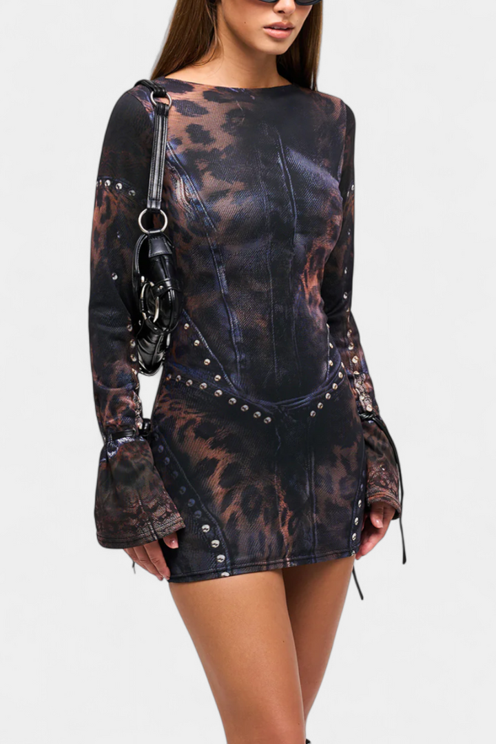 Robe Mini Tabea avec Manches Évasées et Imprimé Illusion