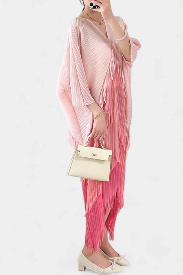 Andalousie Robe avec Franges et Blocs de Couleur Contrastés
