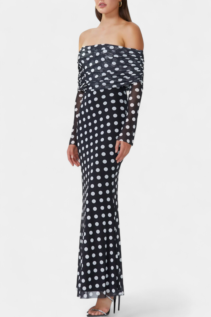 Elinda Robe Longue Off-Shoulder à Pois
