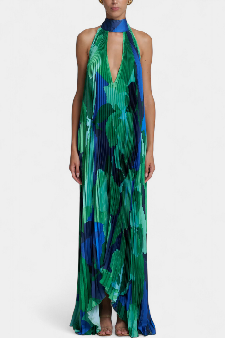 Giselle Robe Longue Plissée avec Décolleté Halter et Mouvement Élégant