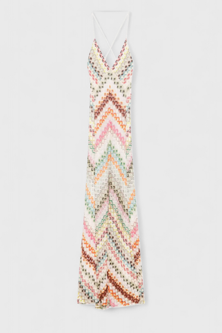 Robe Longue en Dentelle Agustina avec Décolleté en V et Motif Zigzag