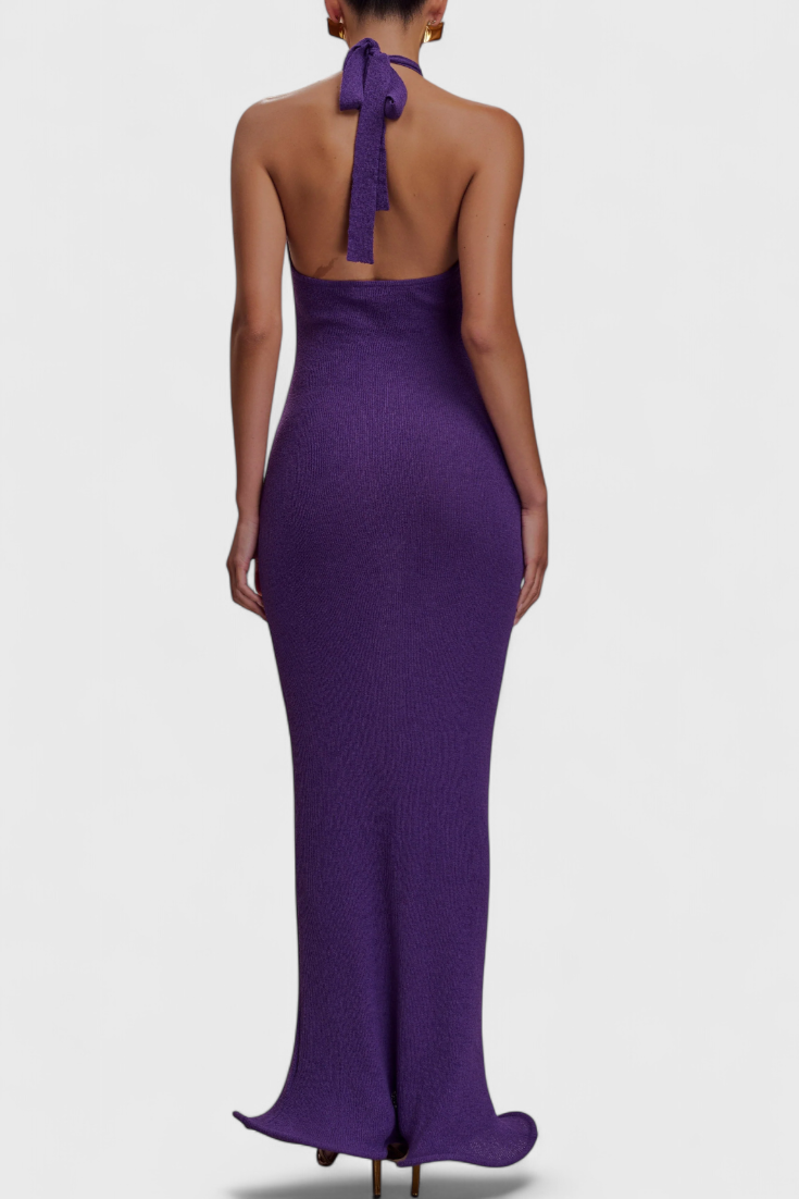 Robe Longue Trinity en Tricot avec Décolleté Halter et Dos Nu