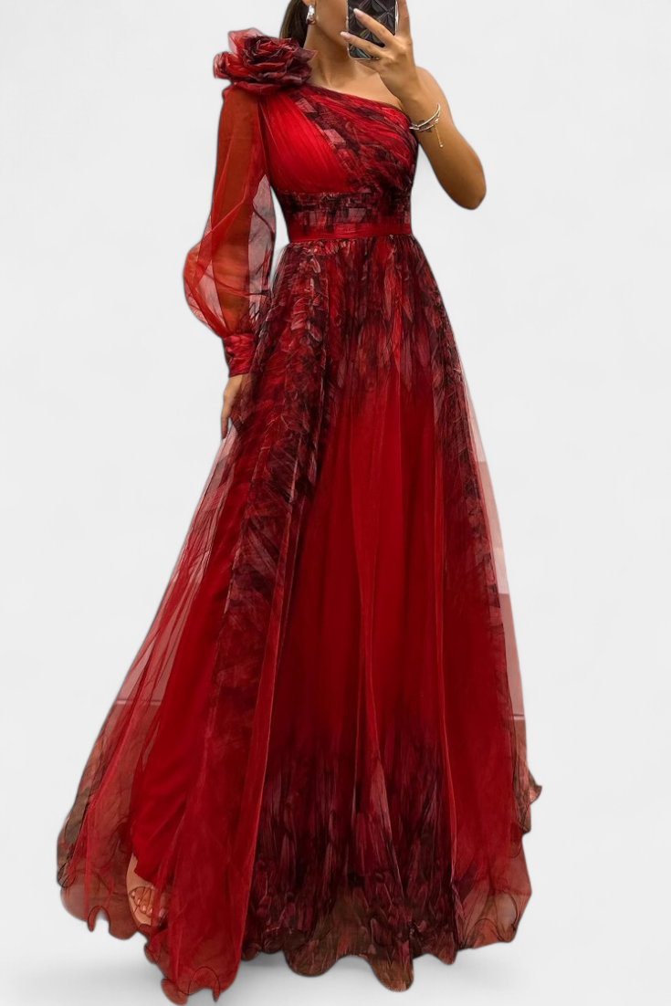 Becca Robe Maxi en Chiffon à Épaule Dénudée et Fleur Volumineuse