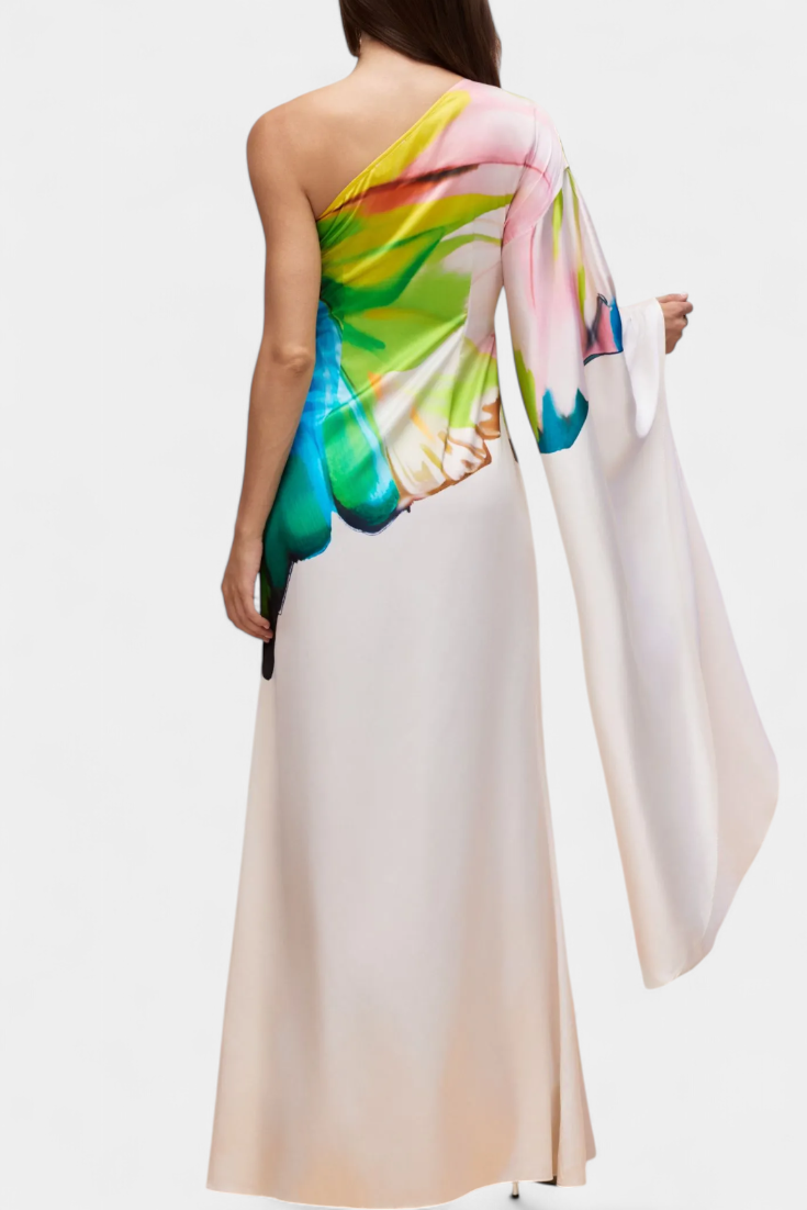 Robe Longue Asymétrique Beryl à Une Seule Manche avec Imprimé Moderne