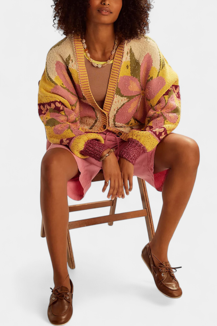 Cardigan en Punto avec Motif Floral et Coupe Ample
