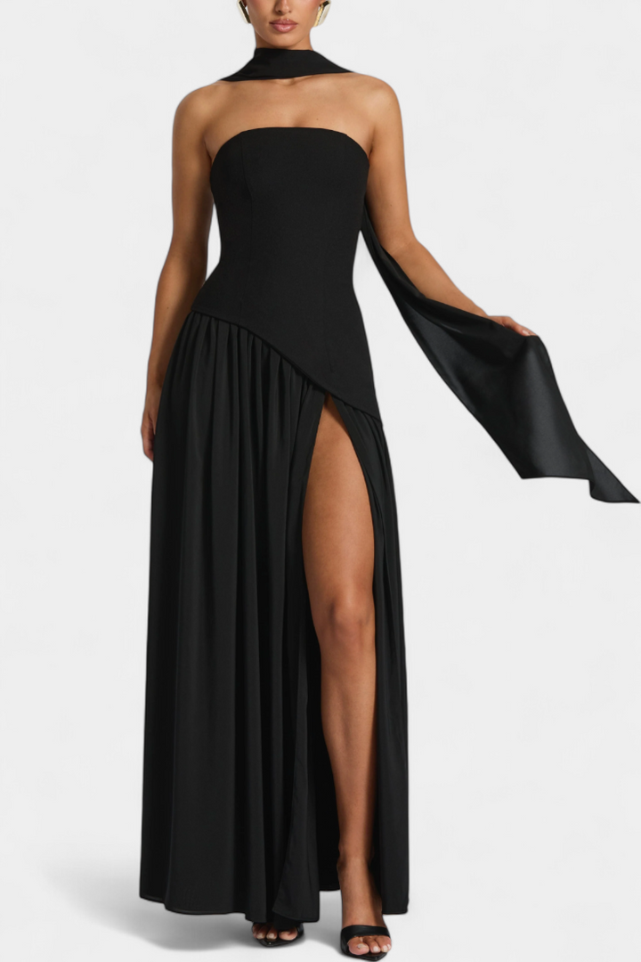 Robe Maxi Celaena en Chiffon Off Shoulder avec Fente Latérale