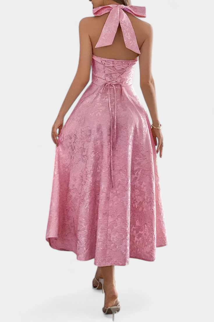Robe Midi Jacquard Gilda avec Dos Nu et Taille Haute