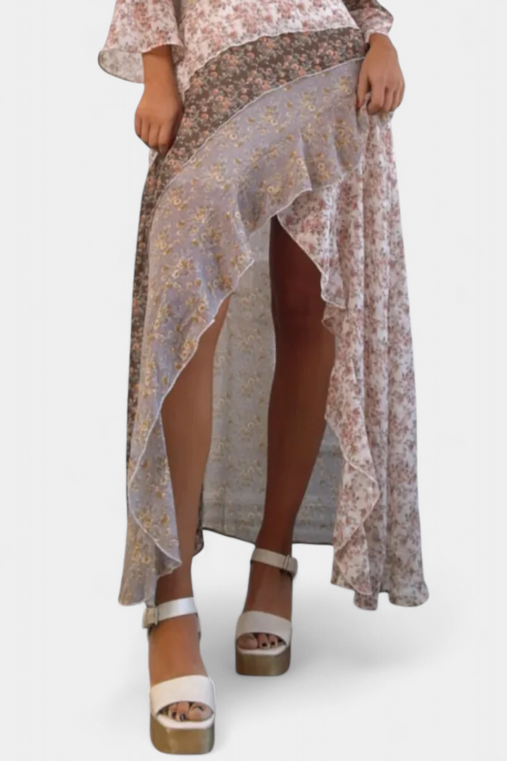 Ruth Robe Longue Florale avec Manches 3/4 et Volants
