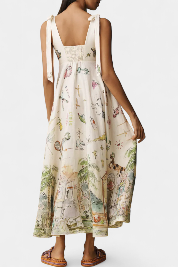 Robe Longue avec Lacets et Imprimé Floral Fantaisie
