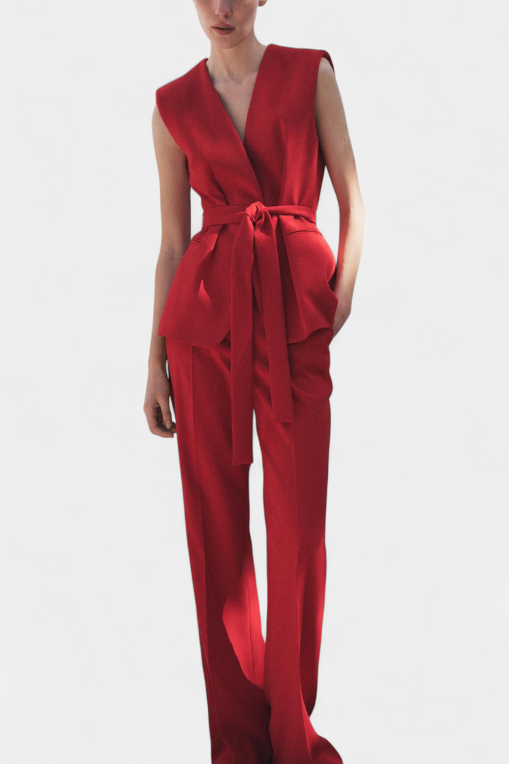 Ensemble Classique Carlen avec Gilet à Ceinture et Pantalon à Jambe Large
