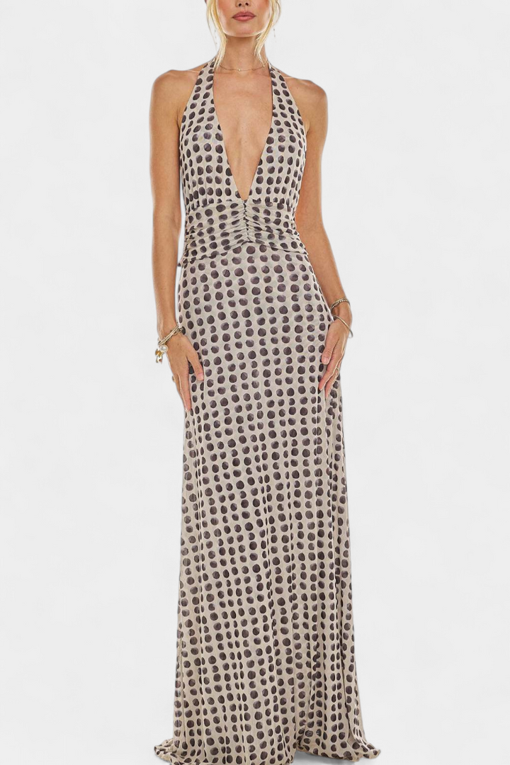Robe Maxi à Pois Melodía avec Décolleté Halter et Taille Froncée
