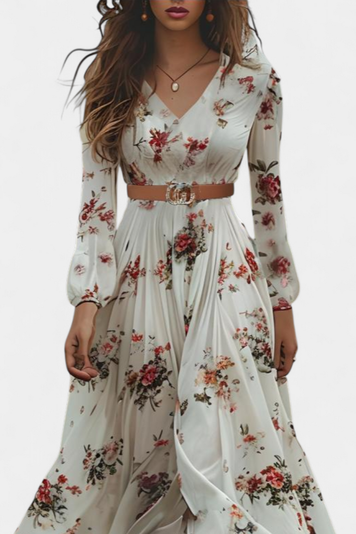 Robe Maxi Florale Amanda avec Col en V et Manches Longues