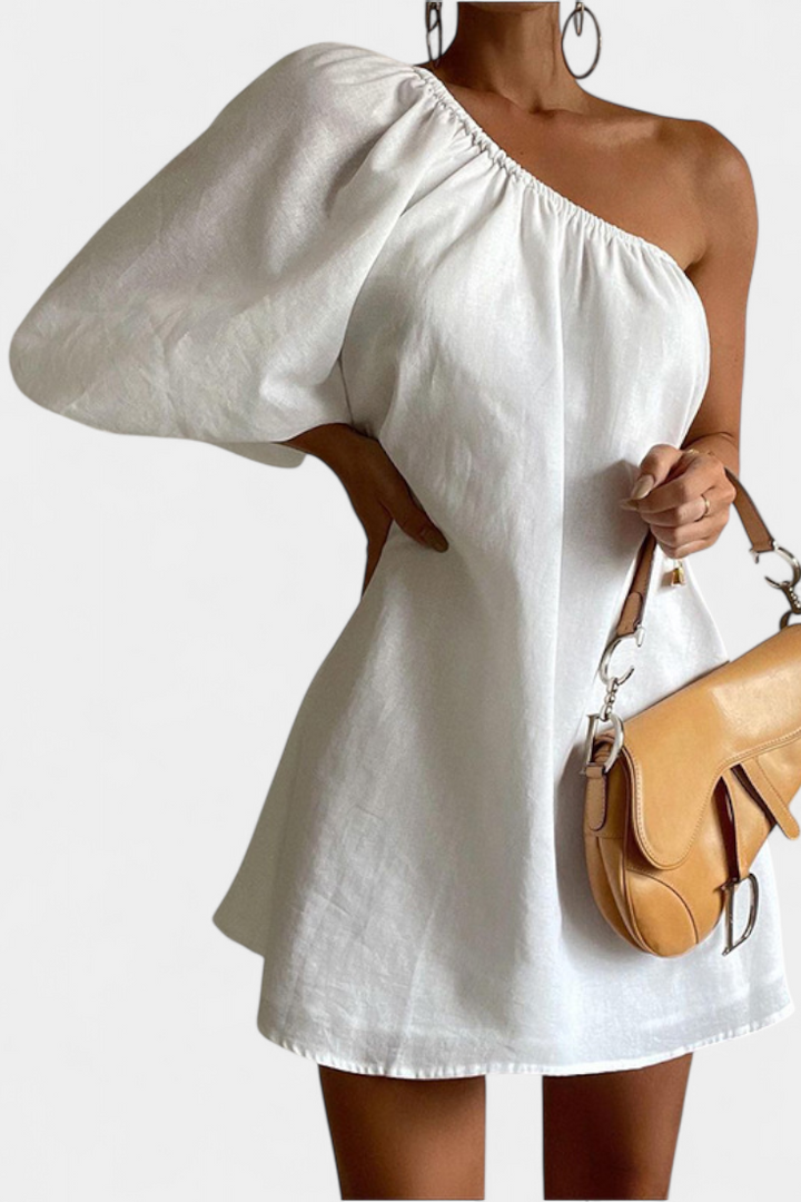 Robe Asymétrique en Coton et Lin avec Épaule Découverte
