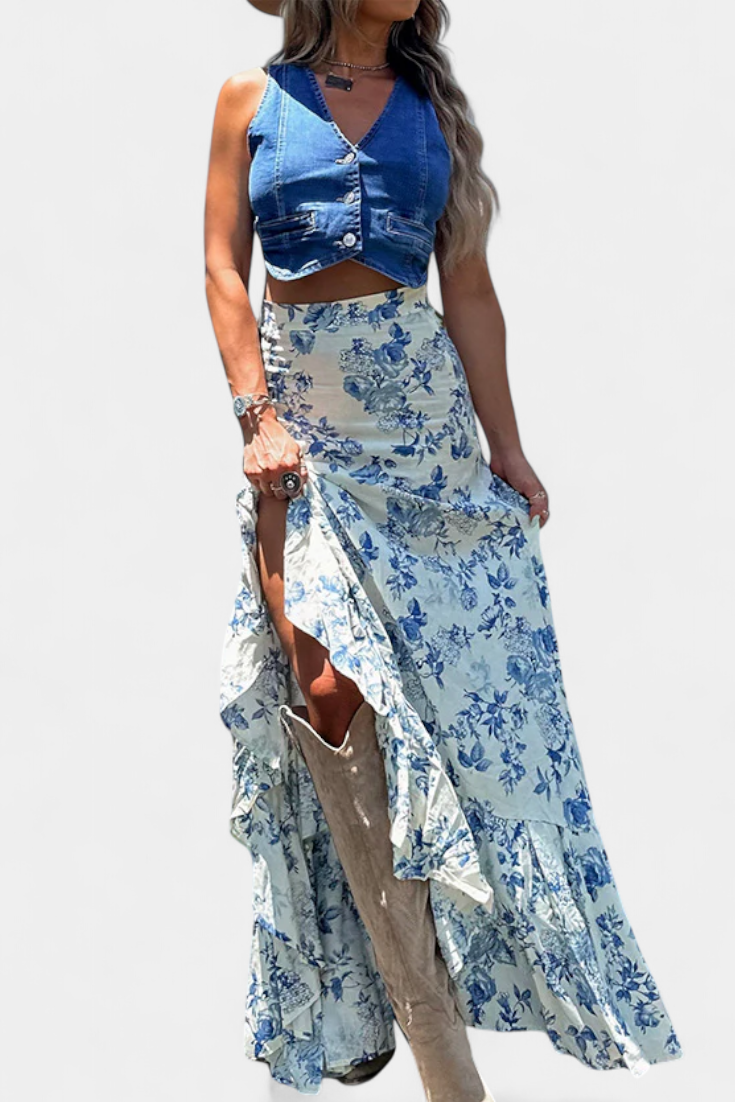 Jupe Maxi Florale Kala avec Fente et Volants