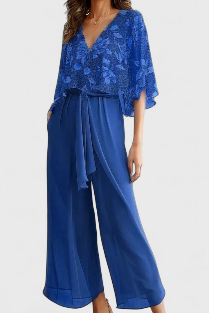 Ensemble Texturé Claribel de Deux Pièces avec Décolleté en V et Jambe Large