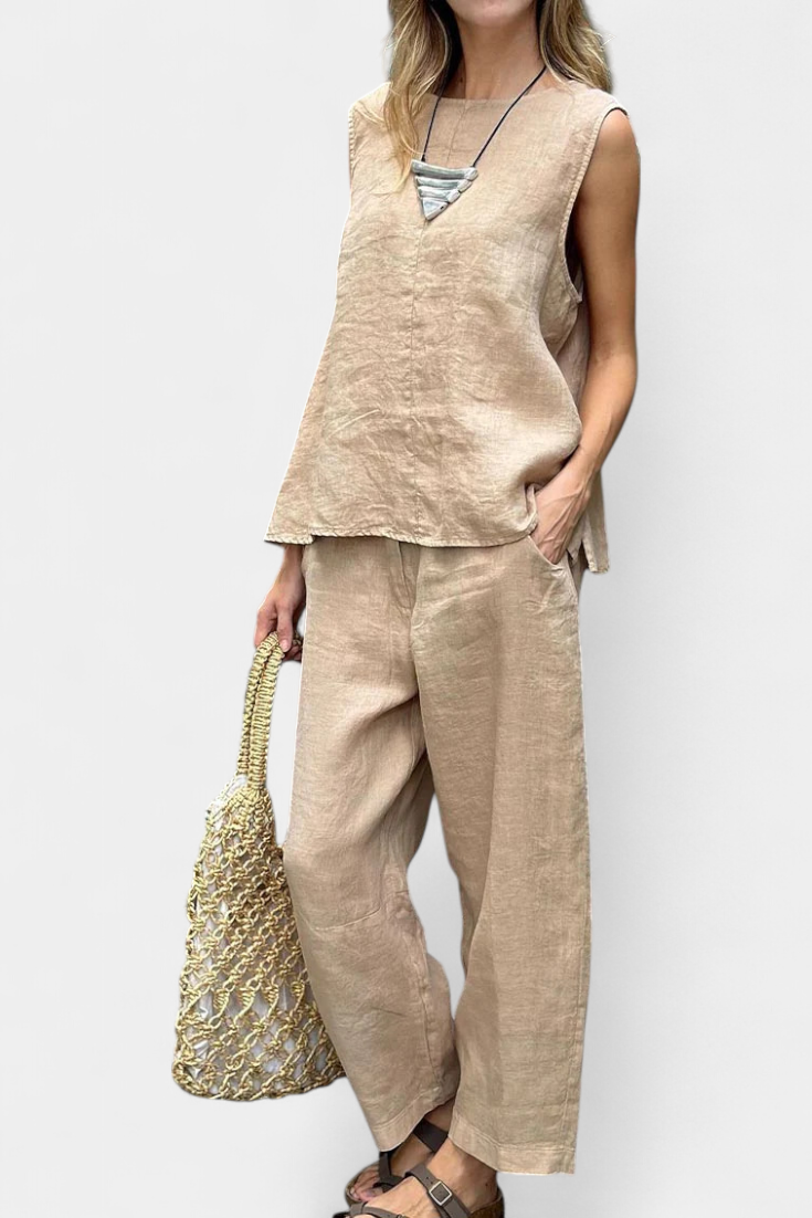 Leona Ensemble de Gilet et Pantalon Sans Manches en Coton Lin