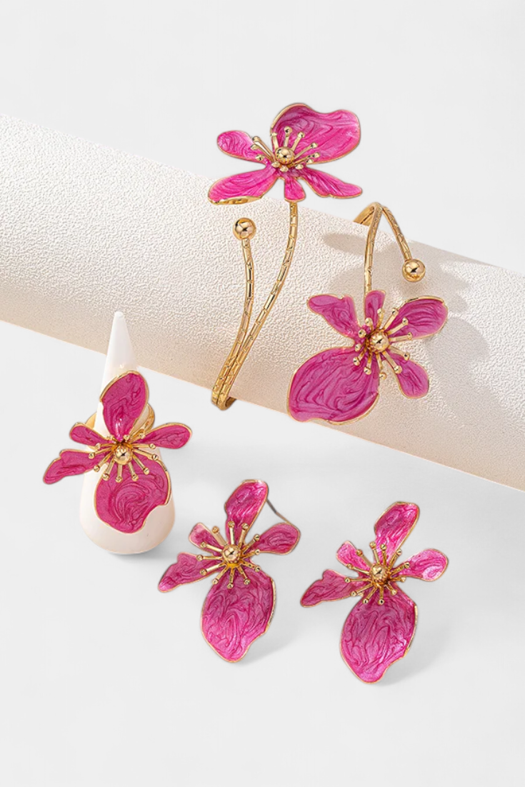 Ensemble d'Accessoires Floraux : Bracelet + Boucles d'oreilles + Bagues