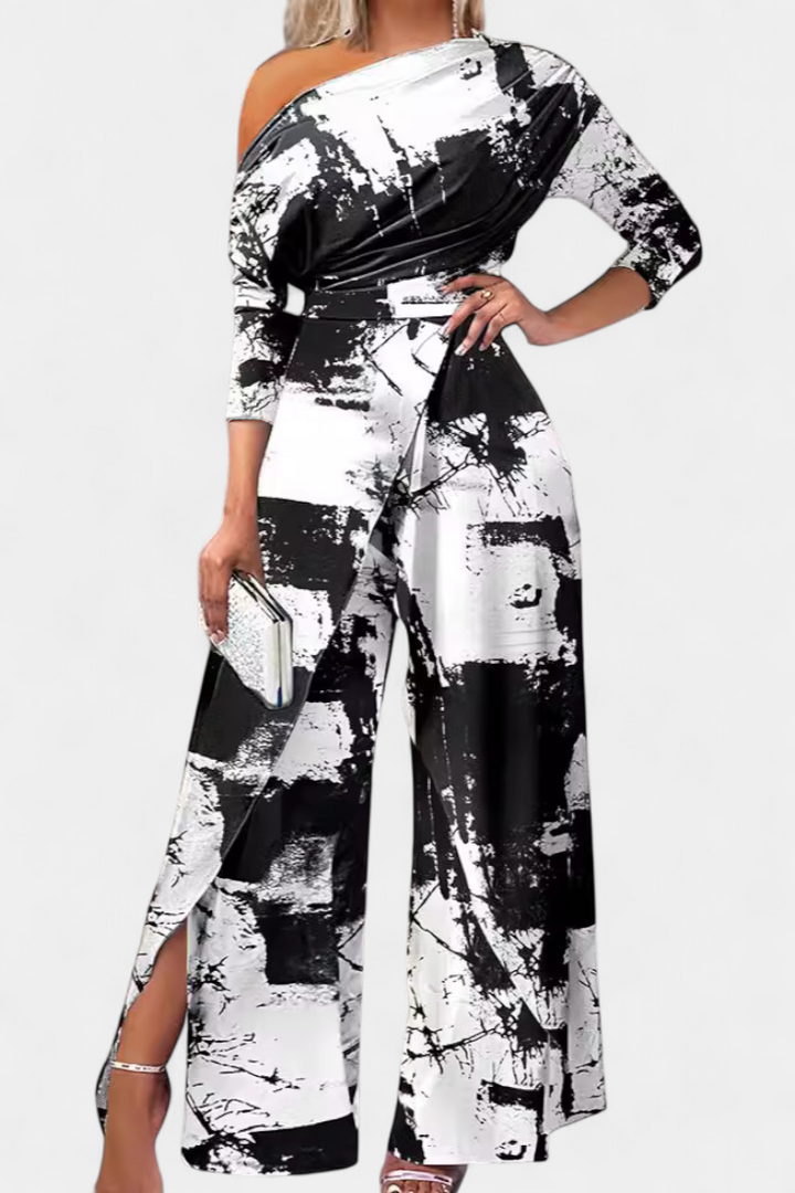 Brina Mono Long Tie Dye avec Épaules Dégagées et Jambes Amples avec Fente