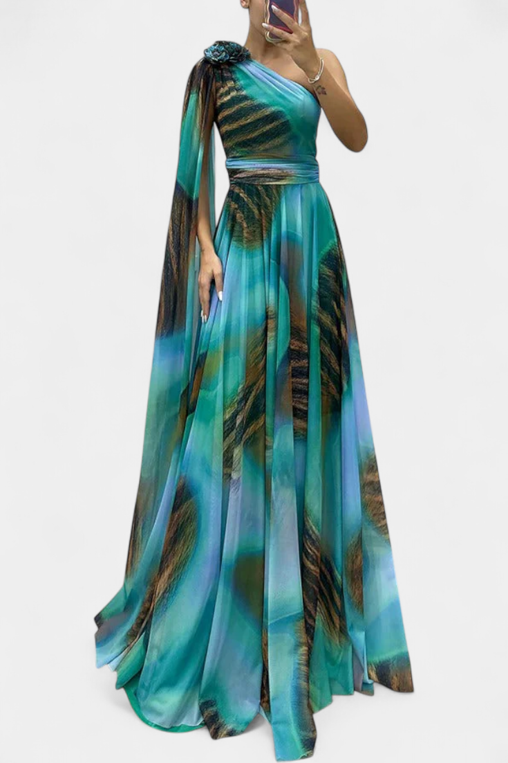 Robe Longue Cedara à Une Épaule avec Détail Floral