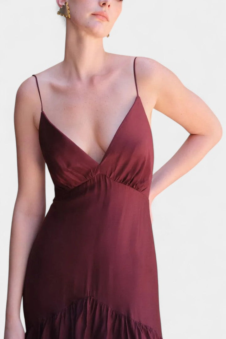 Robe Maxi Atlana Bordeaux avec Volants en Couches