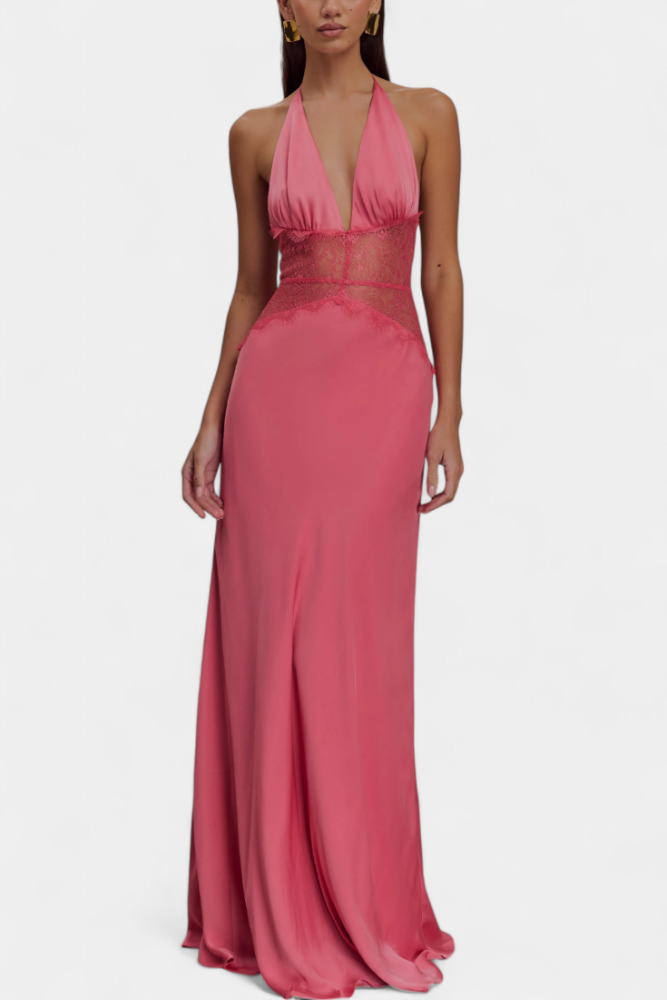 Robe Longue Ashanty avec Décolleté Halter et Taille en Dentelle Transparente